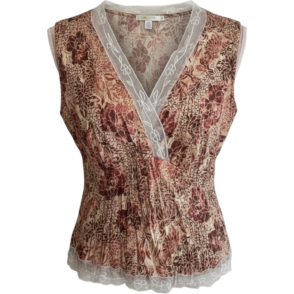 Worthington Orange Batik Floral Crinkle Mesh Lace Trim V-Neck Top Large NWT